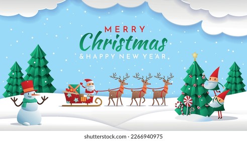 Merry Christmas banner. Design for invitation and greeting postcard. Santa on sleigh with reindeer rides in forest next to snowman. Holiday and festival, New year. Cartoon flat vector illustration