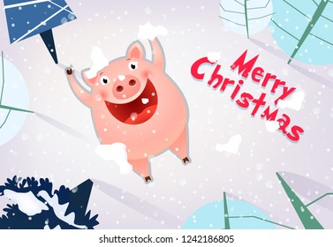 Merry Christmas banner design. Joyful pig making snow angel in forest. Vector illustration can be used for flyers, posters, greeting cards