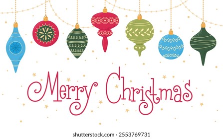 Merry Christmas banner design with lettering. Cute hanging Christmas decorations, garlands and stars on white background. Template with hand written text for postcard or banner. Vector illustration