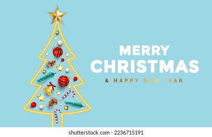 Merry Christmas banner design. Neon light fir tree with ornaments inside. Holiday Xmas background. Vector 3d illustration