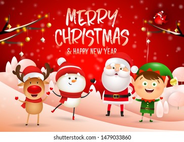 Merry Christmas banner design on red winter background with happy cartoon characters standing on hills. Lettering can be used for invitations, signs, announcements