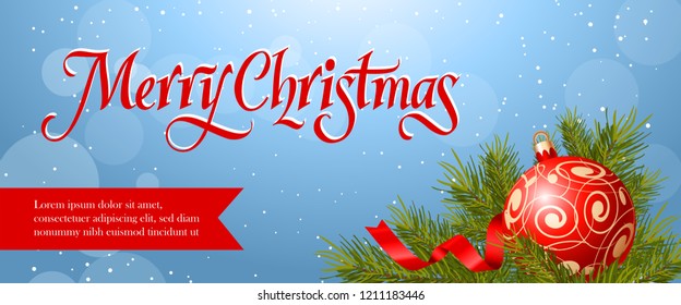 Merry Christmas banner design. Red bauble, streamer and fir tree branch on blurred blue background. Template can be used for banners, posters, greeting cards, postcards
