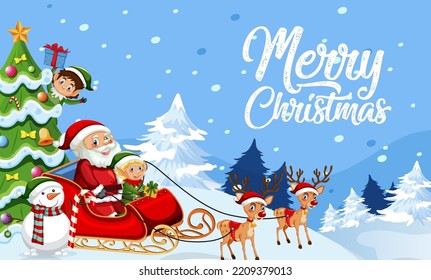 Merry Christmas banner design with Santa Claus on sleigh illustration