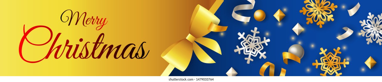Merry Christmas banner design with shining snowflakes on golden and blue horizontal background with ribbon bow. Lettering can be used for invitations, signs, announcements