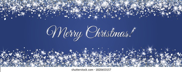 Merry Christmas banner design. Silver glitter decoration, falling dust texture. Shiny sparkling border, frame on blue background. For holidays headers, cards, party posters. Vector