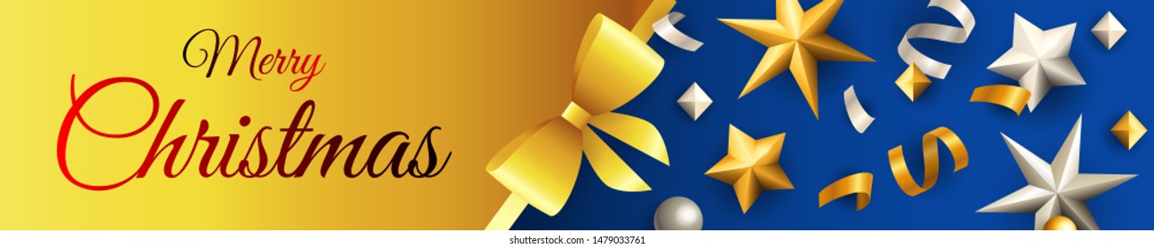 Merry Christmas banner design with stars and confetti on golden and blue horizontal background with bow. Lettering can be used for invitations, signs, announcements