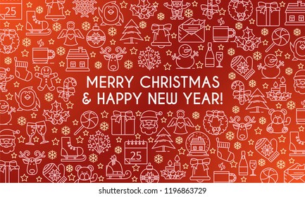 Merry christmas banner. Design template with thin line icons on theme new year and christmas. Vector illustration