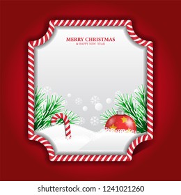 Merry Christmas banner design template with window white and red frame and bauble, garland and candy on the snow. vector illustration.