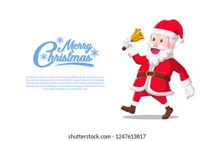 Merry Christmas banner design template with Santa Claus walking with bell. Vector illustration. cartoon flat style.