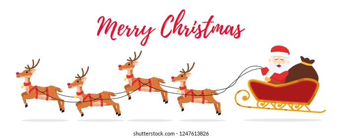 Merry Christmas banner design template with flying sleigh with reindeer and Santa Claus. Vector illustration. cartoon flat style.