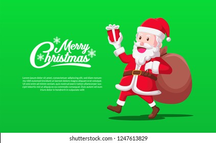 Merry Christmas banner design template with Santa Claus walking with gift box on the green background. Vector illustration. cartoon flat style.