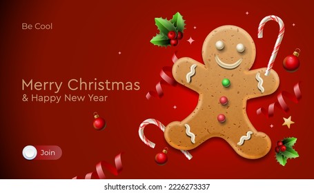 Merry Christmas banner design template. Homemade gingerbread man cookie theme concept, holiday fair and sale. Vector illustration