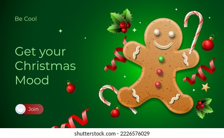 Merry Christmas banner design template. Homemade gingerbread man cookie theme concept, holiday fair and sale. Vector illustration