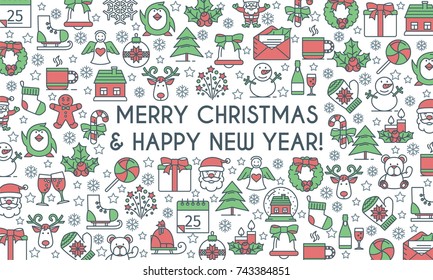 Merry christmas banner. Design template with flat line icons on theme new year and christmas. Vector illustration