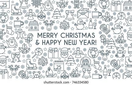 Merry christmas banner. Design template with thin line icons on theme new year and christmas. Vector illustration