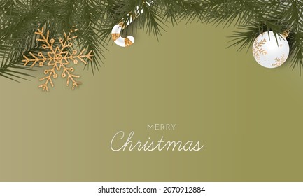 Merry Christmas Banner Design With Top View Of Realistic Bauble, Candy Cane, Golden Snowflake And Fir Leaves On Green Background.