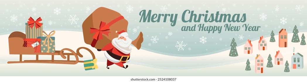 Merry Christmas banner design. Xmas party invitation template with winter city with cute houses and festive fir trees, Santa Claus with huge bag nearby sleigh with gift boxes. Vector illustration.