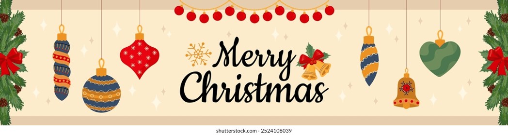Merry Christmas banner design. Xmas party invitation template with winter hanging balls and toys, fir branches frames with pine cones and red bows, bells and shines, snowflakes. Vector illustration.