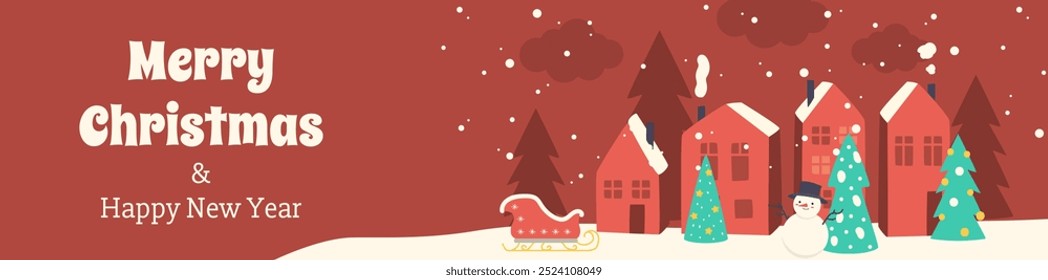 Merry Christmas banner design. Xmas party invitation template with winter snow city with cute red houses and festive fir trees with toys, Santa Claus sleigh and happy snowman. Vector illustration.