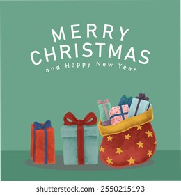 Merry Christmas Banner with Christmas elements Background Illustration. Happy Merry Christmas Lettering. Trendy Festive Banner with Christmas gift box. eps vector background decorative art. 