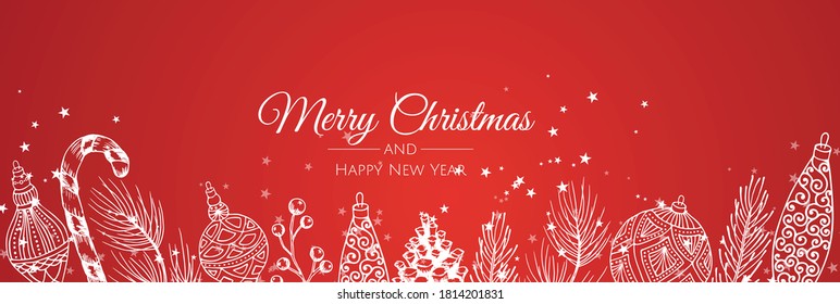 Merry christmas banner with christmas elements on red background. Vector illustration