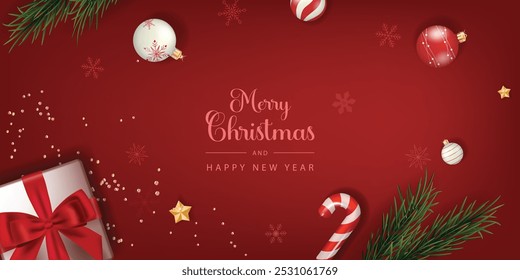 Merry Christmas Banner with Christmas Elements such as Christmas ornaments, gift box, pine leaves, candy cane. Vector illustration.