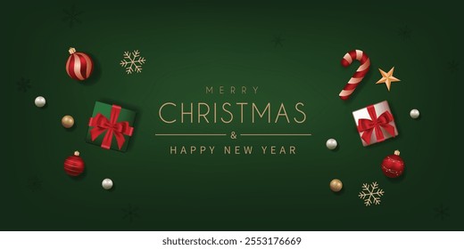 Merry Christmas Banner with Christmas Elements such as Christmas ornaments,, giftbox, candy cane, ribbons. Vector illustration.	