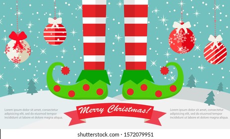 Merry Christmas Banner with Elf feet, winter snowy hills landscape and hanging Christmas balls, copy space. Holiday festive background, vector illustration