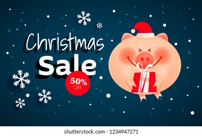 Merry Christmas banner. Merry fat pig with a gift boxes on the Christmas winter landscape background.