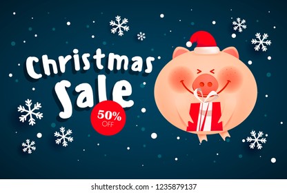 Merry Christmas banner. Merry fat pig with a gift boxes on the Christmas winter landscape background.