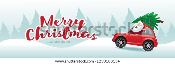 Merry Christmas banner featuring cartoon\
Santa Claus driving a cute car with his new Christmas tree tied to\
the top. Eps10 vector\
illustration.