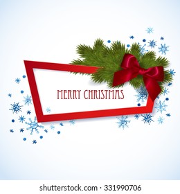 Merry Christmas banner. Christmas festive background with watercolor snowflakes, red bow and fir twigs. Vector illustration