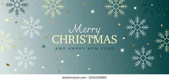 Merry Christmas Banner. Festive green background with golden and white snowflakes. Elegant winter holiday decoration vector design.