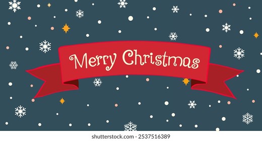 Merry Christmas Banner or Festive Christmas Ribbon on Snowy Background for Holiday Greeting Cards, Website Banners and Digital Invitations. Vector illustration