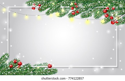 Merry Christmas banner with fir branches and holly berries. Festive cute New Year background decorated glowing garland lights. Traditional winter season holiday Greeting Card template.