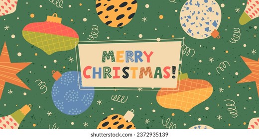 Merry Christmas banner with fir tree baubles ornaments design