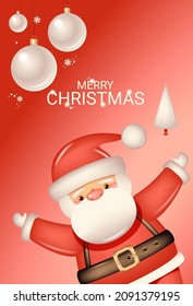 Merry Christmas banner. Flat modern design. Santa Claus surrounded by trees, snowflakes, toys