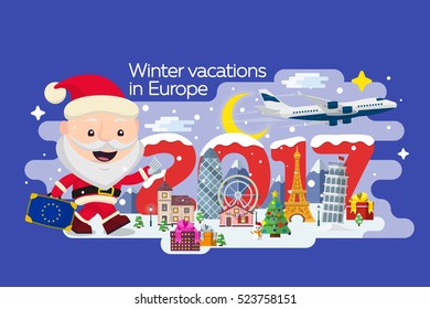 Merry Christmas banner in flat style. Traveling in time of vacation by plane. Travel to Europe. The winter holiday. Santa Claus with a suitcase and tickets in hands. Happy New Year 2017.