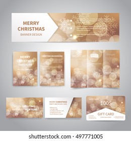 Merry Christmas Banner, flyers, brochure, cards, gift card design templates set with snowflakes, sparkles on beige background. Merry Christmas and Happy New Year party invitation, promotion printing