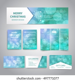 Merry Christmas Banner, flyers, brochure, cards, gift card design templates set with snowflakes, sparkles on blue background. Merry Christmas and Happy New Year party invitation and promotion printing