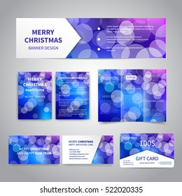 Merry Christmas Banner, flyers, brochure, cards, gift card design templates set on blue background with bokeh lights. Merry Christmas and Happy New Year party invitation and promotion printing
