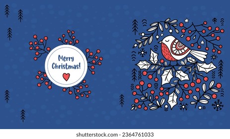 Merry Christmas banner. Folk Art Bird with Xmas berries, holly on blue background. Vector horizontal illustration in hand drawing style. Scandinavian folk design for Christmas and New Year decoration