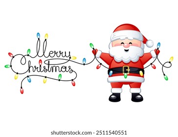 Merry Christmas banner with funny Santa Claus and handwritten text as a garland of Christmas lights. Vector illustration.