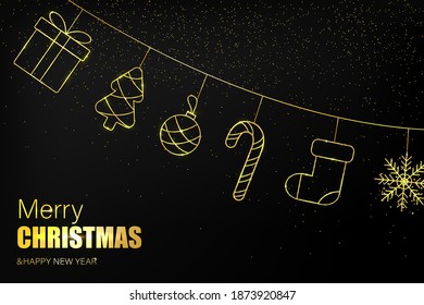 Merry Christmas banner. Christmas geoland with golden toys isolated on black background. Gold gift, tree, sock, star, toy. Vector illustration
 