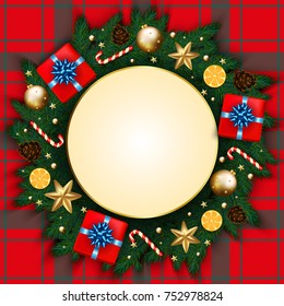 Merry Christmas  banner with gift box, pine branches decorated, gold stars and bubbles on red checkered background. Vector illustration template greeting card