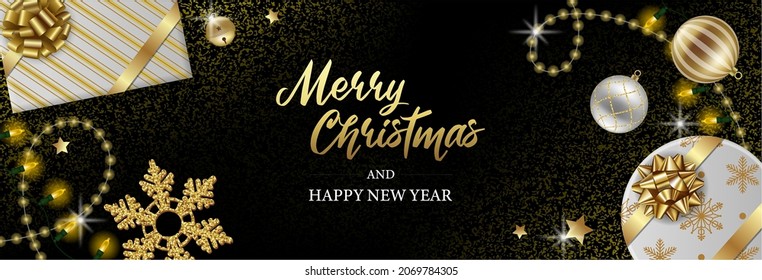 merry christmas banner with gift boxes, lights and christmas balls