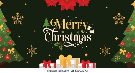 Merry Christmas Banner with Gifts, Snowflakes, Poinsettias, and Lush Pine Trees. Holiday Greeting Card Design and New Year Celebrations. Elegant Winter Layout. Social media post. Typography banner