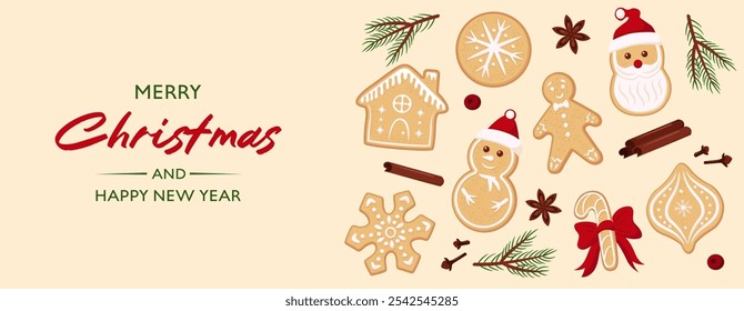 Merry Christmas banner. Gingerbread Cookies. Cute decorated christmas cookies: Santa, star, snowman, tree, snowflake, house, candy. 