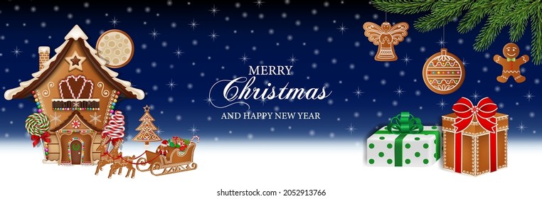 merry christmas banner with gingerbread house, cookies, cakes and candies