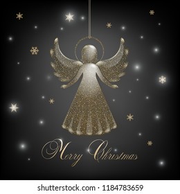 Merry Christmas banner with glass angel with golden sparkles on a dark background. Festive angel with glitters and flashes, glowing blurs and vivid spots for xmas design. Vector illustration.